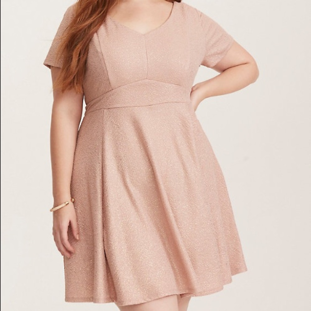 Torrid Pink Gold Textured Knit V-Neck Skater Dress